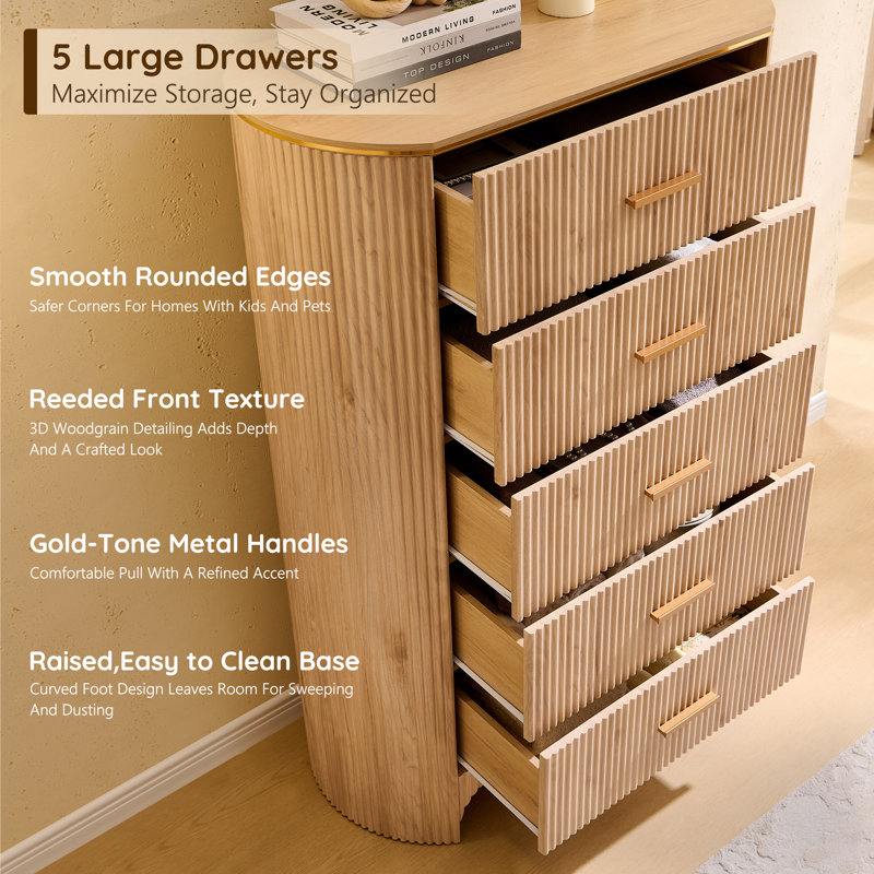 Fluted 5 Drawer Tall Dresser With Curved Profile  , 47.8" Tall Drawers With Reeded Texture, Gold Handles Storage Organizer Cabinet For Bedroom, Living Room, Entryway