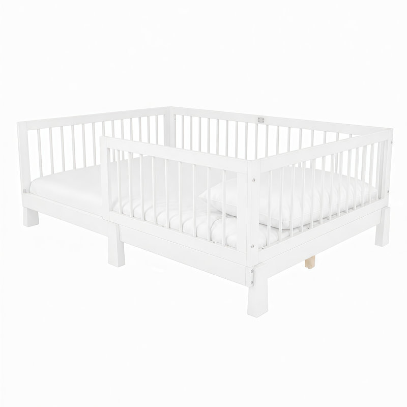 Lit de sol Montessori convertible Briar en bois massif avec barrières de sécurité et fonction lit de jour, Lit double, Blanc