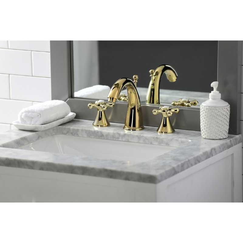 Kingston Brass Naples Two-Handle 3-Hole Deck Mount Widespread Bathroom Faucet with Brass Pop-Up Drain, Polished Brass