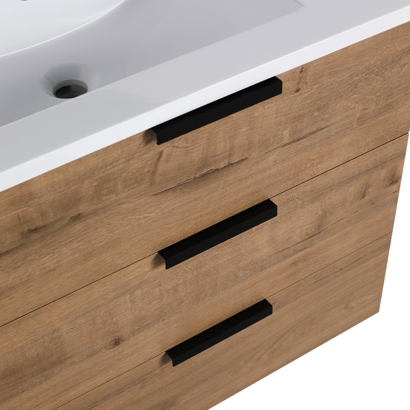 Armoire de meuble-lavabo mural 30 po, imitation chêne Grace, 3 tiroirs, évier en résine, poignée, fermeture en douceur, tablette latérale réglable pour gracieux avec évier en chêne, rangement