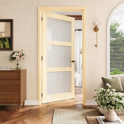 36" x 80" 3-Lite Pine Wood & Frosted Glass Interior Prehung Door with Black Hinges, Privacy Glass Door Slab with Frame, Interior Door as Pantry Door, Bedroom Door, Laundry Door, Closet Doors, Room Doors, Left Hand