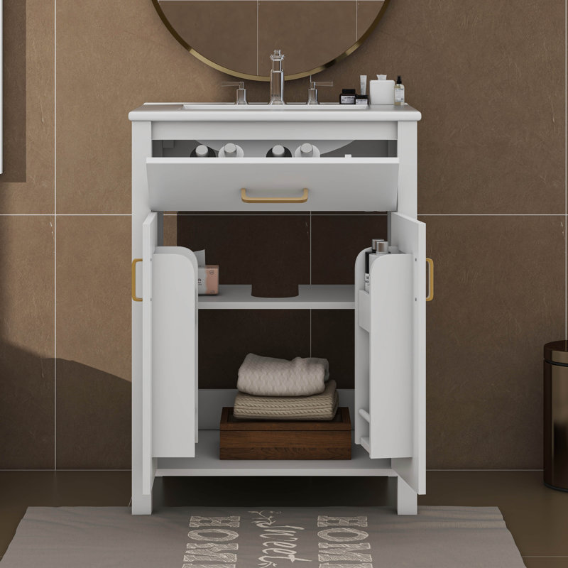 Ensemble de meuble-lavabo 24 po avec lavabo, meuble de rangement moderne avec cadre en bois massif et tiroir basculant