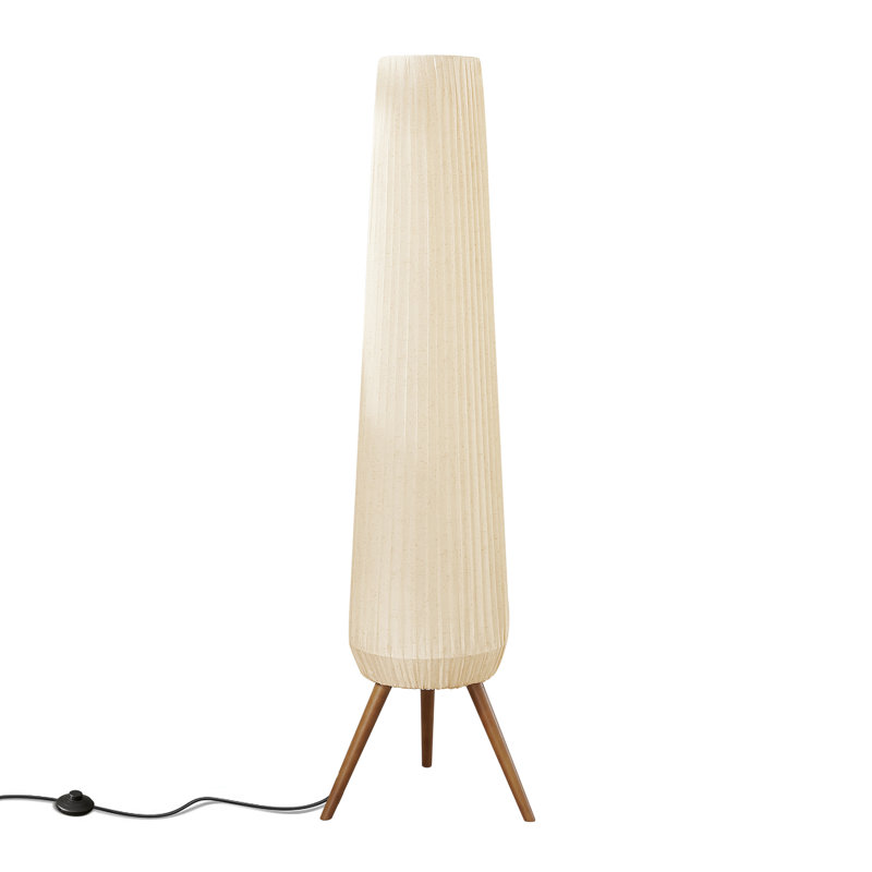 61" Mid Century Modern Tripod Floor Lamp With Pleated Fabric Shade, Walnut Wood Legs, 3-Light E12 With Edison Bulbs Included, Foot Switch Standing Lamp For Living Room Bedroom
