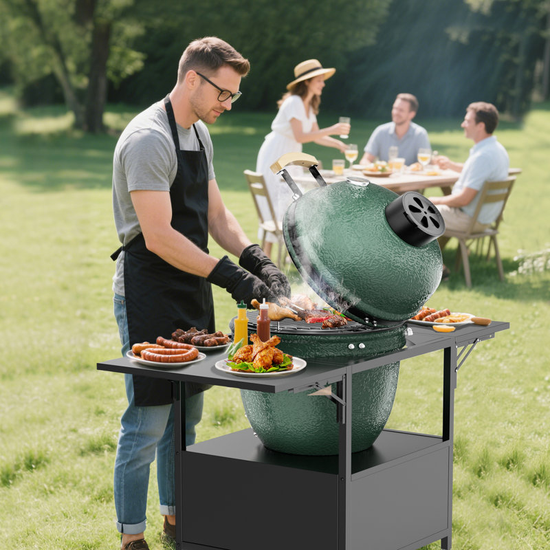 Table de barbecue extérieure en métal pour barbecue de style gros œuf, comprenant des planches latérales pliables, supportant des grils de grande taille et similaires, fabrication en fer robuste, rangement pour outils spacieux, assemblage rapide, mobile