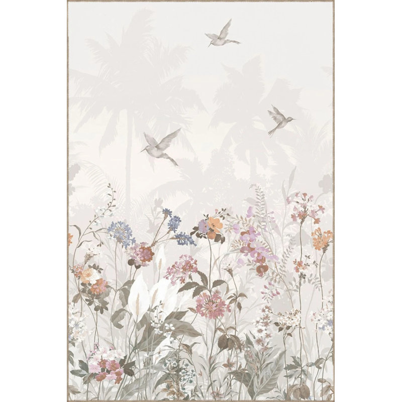 Beige Tone Spring Themed Birds And Flowers Patterned Creative Modern Decorative Carpet, Rectangle 4' x 5'11"