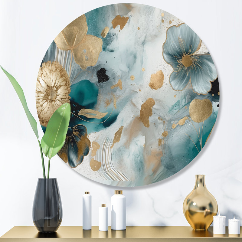 «Blue and Gold Exploration Floral Forms I», art mural rond floral abstrait en métal, H 16 po x l 16 po x P 1 po