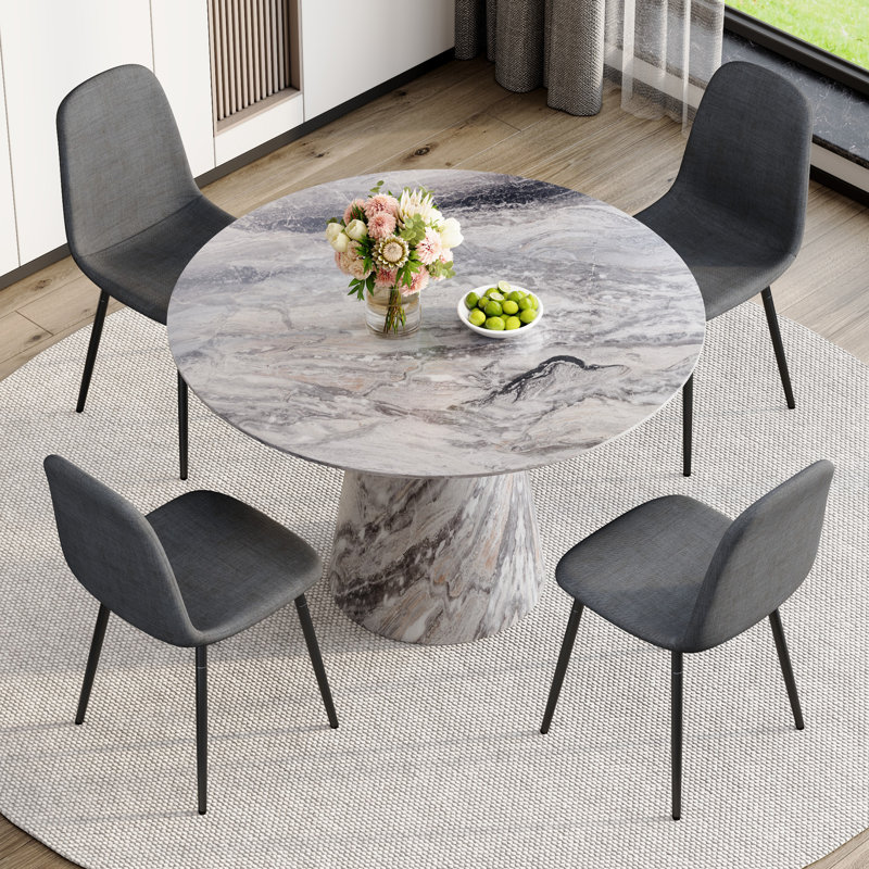 45'' Round Dining Table Set With 4/6 Upholstered Chairs, 5 Pieces: Table, 4 Chairs, Gray