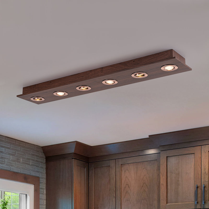 6-Light Rectangle Walnut Wood Rotatable LED Flush Mount Spotlight