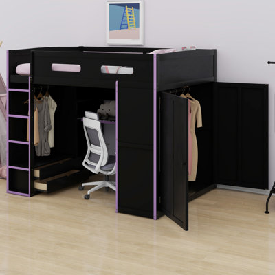 Lit mezzanine tout-en-un en bois avec bureau, garde-robe et lumières RVB