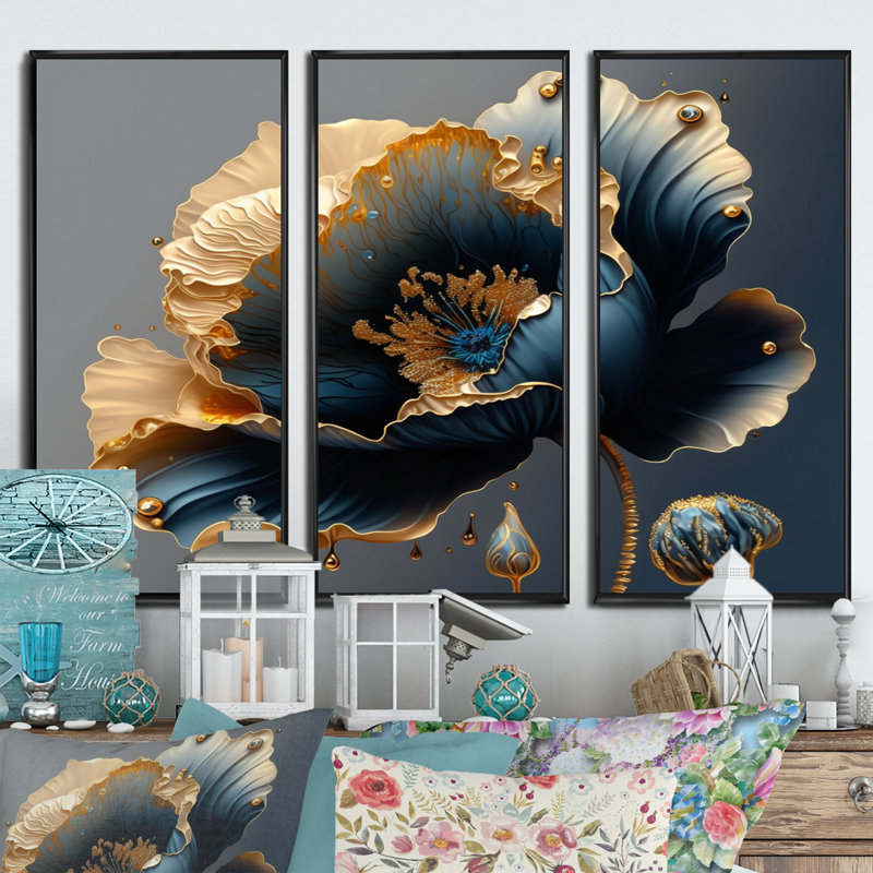 Bleu profond et or unique fleur IV - ensemble d'art mural sur toile floral et botanique, H 28 po x l 36 po x P 1 po