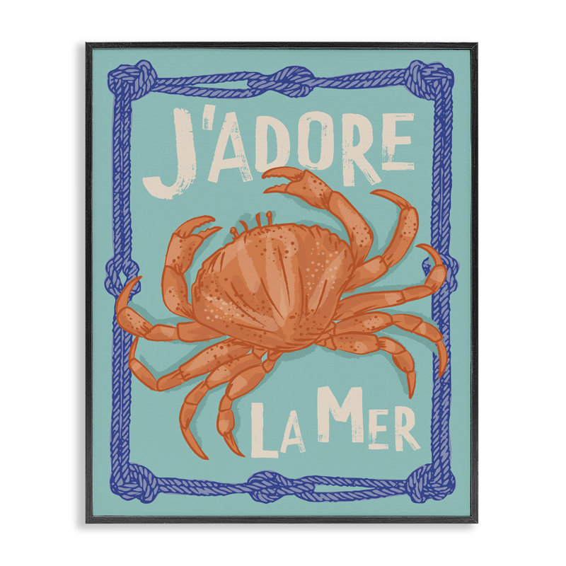  J'adore La Mer Crab Giclee Art by Lisa Perry Whitebutton, H 30 po x l 24 po, Giclée encadrée noir minuit