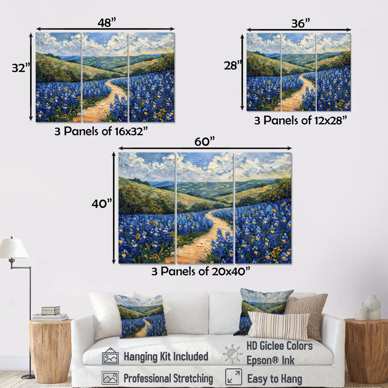 «Blue Green Meadow Charm Blue Bonnets V - Blue Bonnets», ensemble d'art mural, H 28 po x l 36 po, Toile tendue