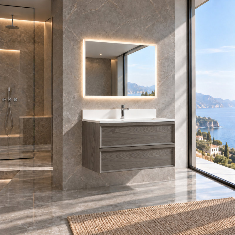 Wall Mounted Single Double Single Vanity Bathroom Vanity With Solid Surface Top, Gray, 36"
