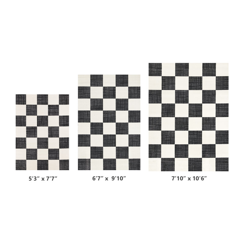 Wum Collection Black/White Checkerboard Area Rug, Rectangle 5'3" x 7'7", Black/White