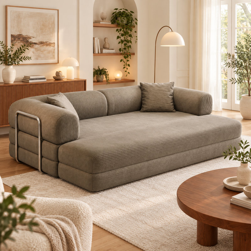Canapé-lit convertible de 200 cm (78,8 po) avec compression, sectionnel modulaire sans ossature, dossier et accoudoirs rembourrés, canapé-lit confortable en tissu velours côtelé pour salon ou chambre, couleur camel.