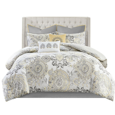 Cotton Reversible Comforter - 8 Piece, Printed Floral With Medallion , , Includes Euro Shams & Decorative Pillows In Piece Reversible, Botanical Print