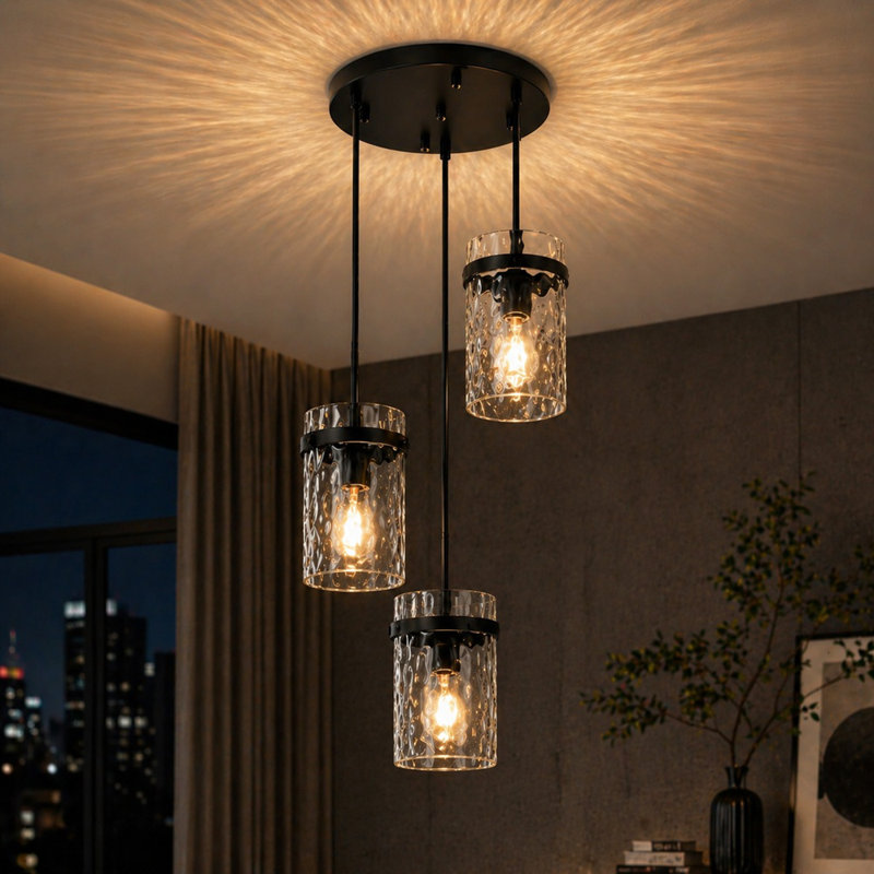 Plafonnier semi-encastré 3 lumières avec abat-jour en verre à motif d'eau de 5,1 po de largeur, Noir mat