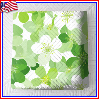 Green White Flowers Quilted Bedspread All Sizes
