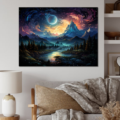 Jaune montagne lune galatique I - forêt, montagnes, art mural