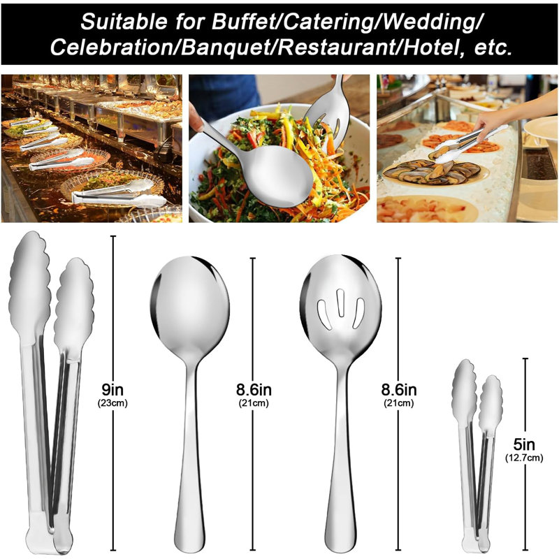 Ensemble d'ustensiles de service de 12 pièces en acier inoxydable pour la réception de banquet, comprenant des cuillères de service et des pinces
