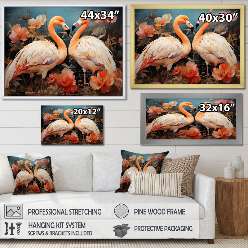 «Graceful Orange Flamingo Ballet» sur toile, Cadre flottant doré, H 24 po x l 32 po x P 1,5 po
