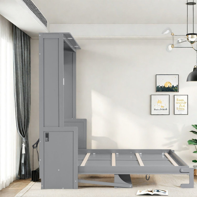 Grands lits escamotables avec bureau et panneau de fibres à densité moyenne gris moderne pour bureau à domicile