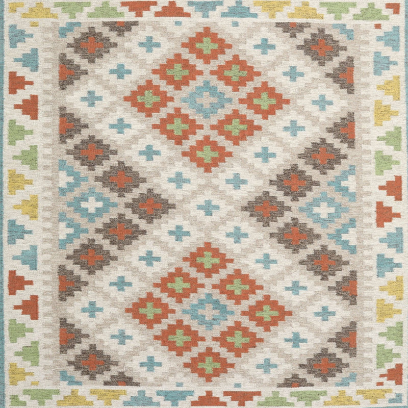 Tapis contemporain beige / brun clair / vert clair, Carré 6 pi