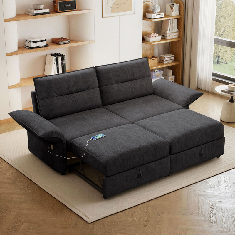 Canapé-lit convertible en flanelle 85 po avec port USB, canapé-lit gigogne 3 en 1, causeuse multifonctionnelle pour salon, gris
