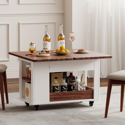 Table d'appoint moderne 27,6 po avec plateau pliable et roulettes, rangement multi-niveaux, blanc et noyer