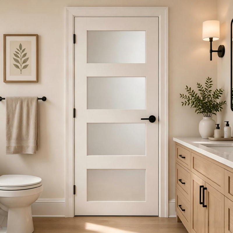 Porte intérieure pré-suspendue en verre givré 4-Lite, 34" x 80", Satin Nickel, Gauche