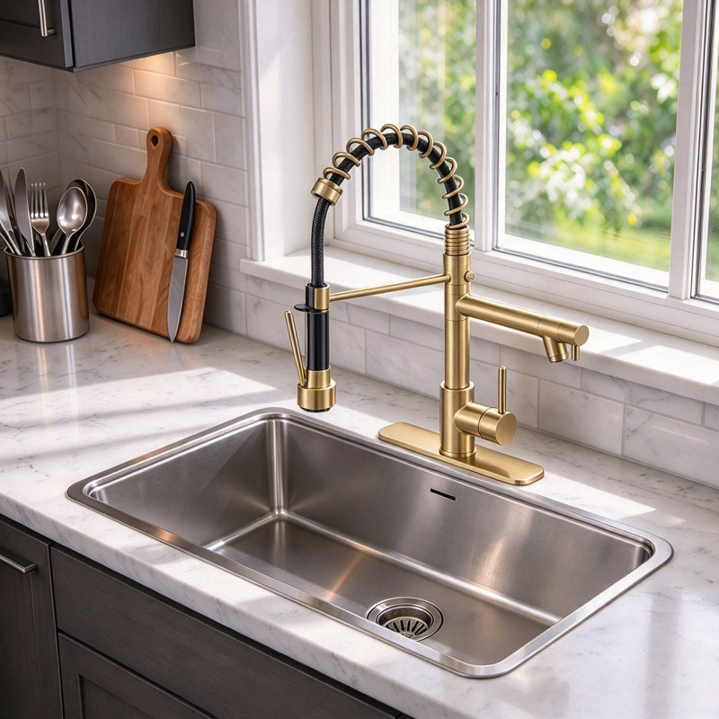 Pull Down Single Handle Kitchen Faucet with Accessories, Brushed Gold