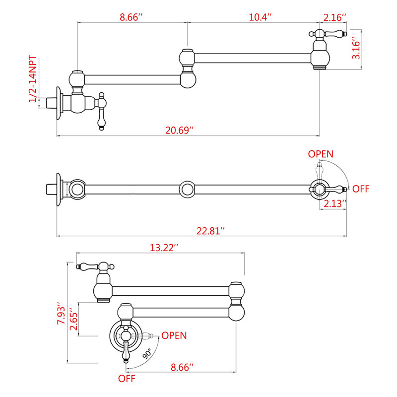 Robinet remplisseur mural avec bras pivotants à double articulation, noir mat, rayé et rouille, 100% laiton pour une durabilité et un nettoyage facile