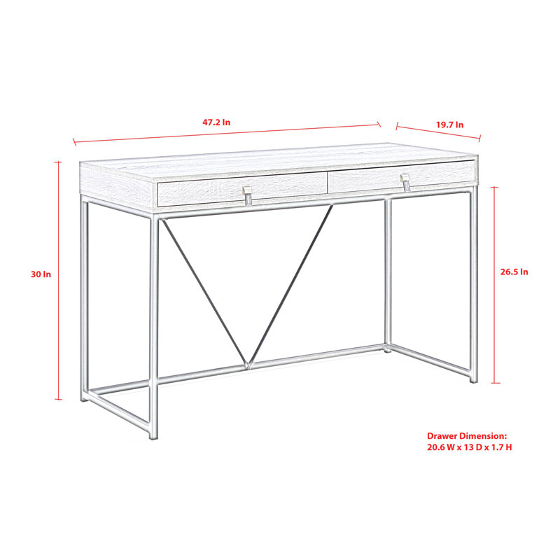 Bureau avec 2 tiroirs de rangement et poignées en cuir, Naturel / Blanc