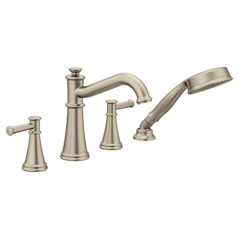Belfield Double Handle Deck Mounted Roman Tub Faucet Trim with Handshower, Brushed Nickel