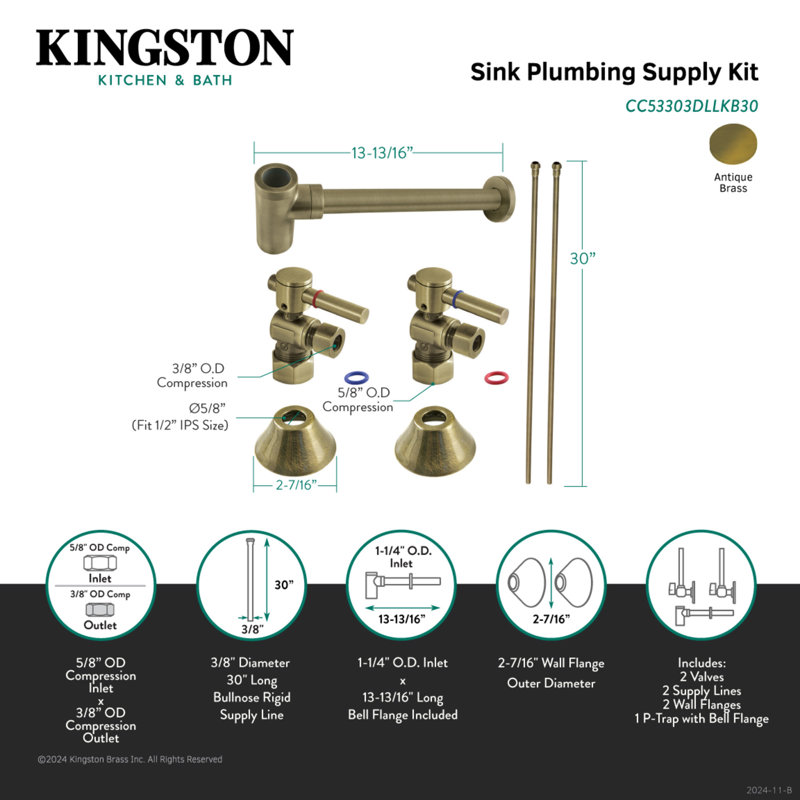 Kingston Brass Trimscape Contemporary Plumbing Sink Trim Kit with Bottle Trap, Antique Brass