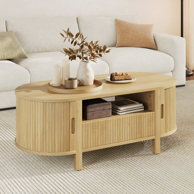 47.2'' Oval Coffee Table With Storage, Fluted Accent Center Table With Draw And Sliding Tambour Doors