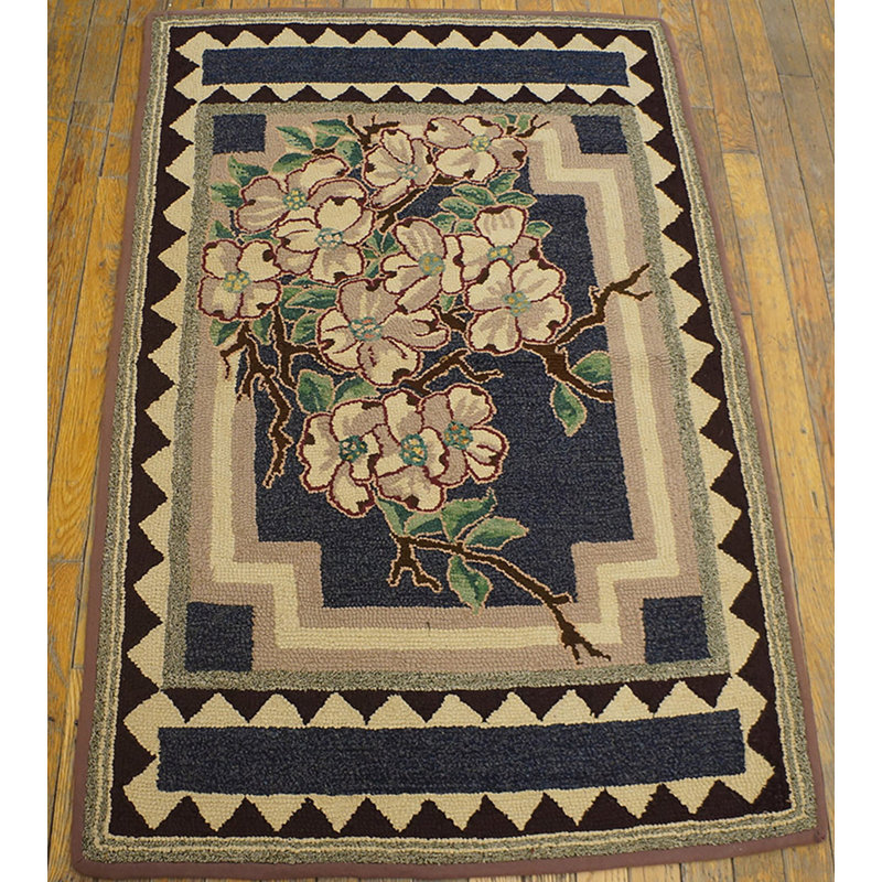 Small Scatter Size American Hooked Antique Wool 1920s Rug