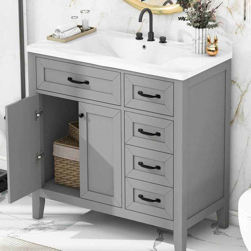 Meuble-lavabo 36 po, lavabo autoportant en bois massif et encastré gris, tiroirs décoratifs pour la maison, Grey