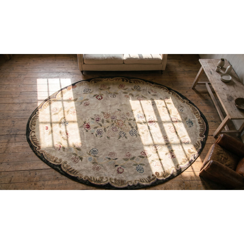 Antique Floral Medallion Wool Hand Knotted Pile Ivory Beige Cream White 1880s Rug