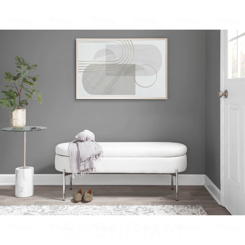 Banc contemporain en métal chromé et similicuir, Blanc