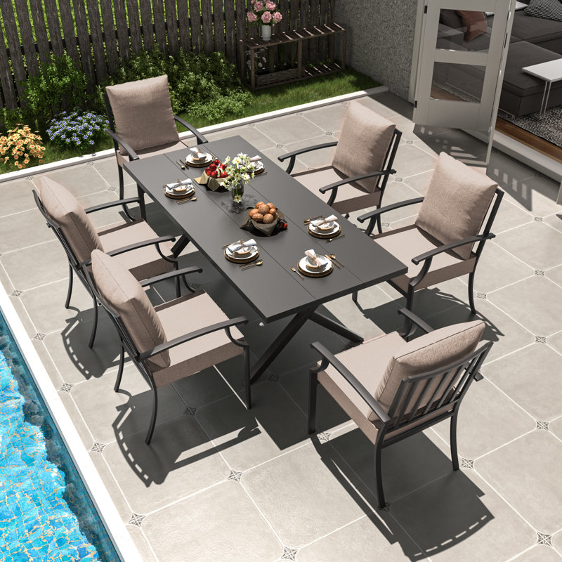 Patio Dining Set Metal Stackable Ergonomics Dining Armchairs & Rectangular Table, 6, Tan