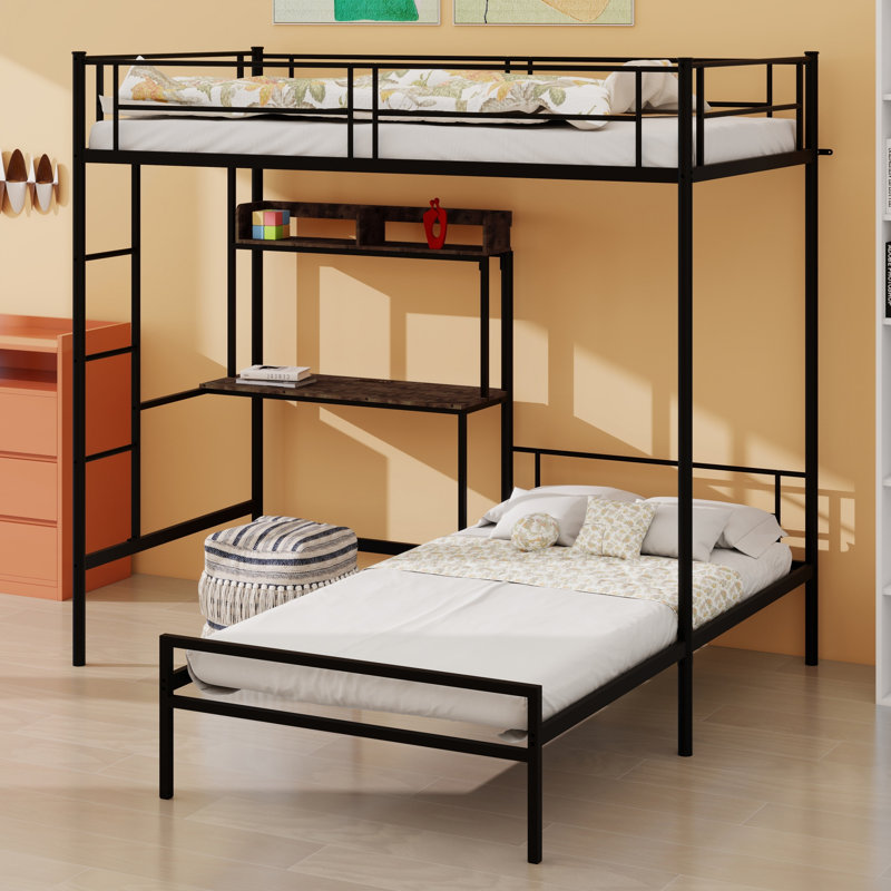 Lit superposé en L avec bureau et tablettes de rangement