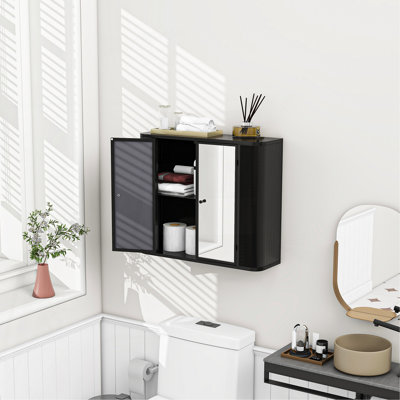 Armoire de salle de bain murale noire avec miroir, 2 portes en miroir et tablette ouverte, armoire de rangement en métal de style campagnard avec compartiment ouvert pour meuble-lavabo, toilette et évier