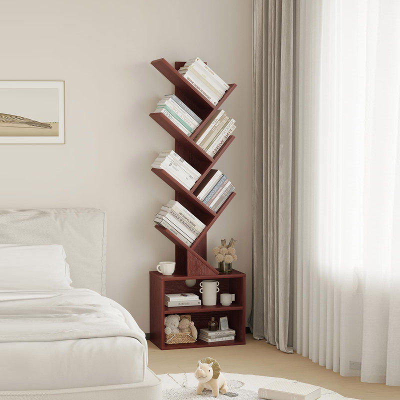 Bibliothèque à 6 niveaux avec armoire de rangement et bibliothèque étroite pour petits espaces, Cerisier