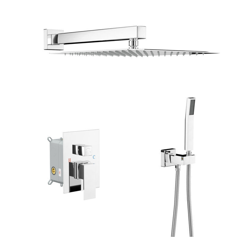 Système de pomme de douche, douchette de pluie carrée murale en acier inoxydable de 12 pouces avec valve, Chrome poli