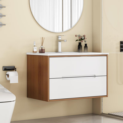 32-Inch Wall-Mounted Bathroom Vanity with 1 Big Drawers, Soft-Close System,Ceramic Sink,No Handle Design