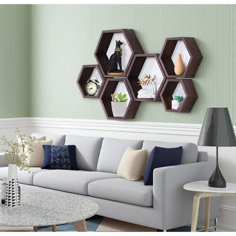 Hexagon Floating Shelves Set Of 3, Honeycomb Wall Shelves For Bathroom Kitchen Bedroom Living Room, Rustic Wood Farmhouse Storage Shelf, Wall Mounted Display Organizer
