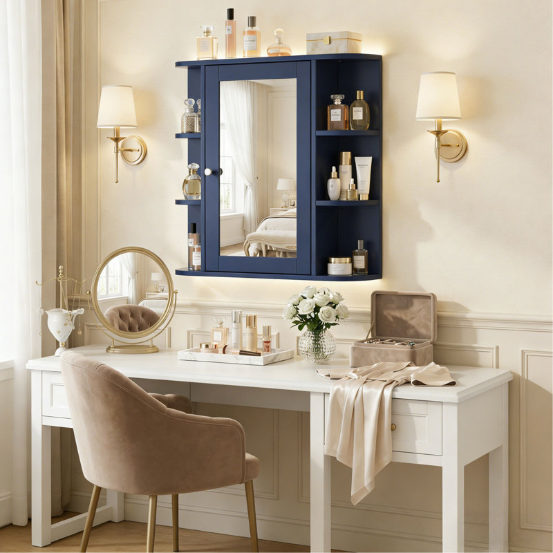Bathroom Wall Storage Cabinet With Mirror, Medicine Cabinet With Adjustable Wood Shelf & Doors, Mounted Storage Cabinets With 6 Open Shelves