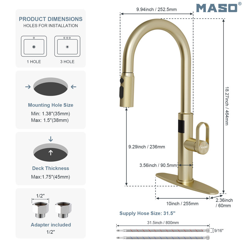 MASO Touchless Kitchen Faucet with Pull-Down Sprayer, Fahrenheit Temperature Display, 3 Spray Modes, 360° Swivel, Commercial Modern Faucet for RV, Farmhouse, Camper, Laundry & Bar,Brushed Gold