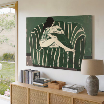 Art mural sur toile assise assise sereine figurative minimaliste vert et crème Silhouette prête à accrocher